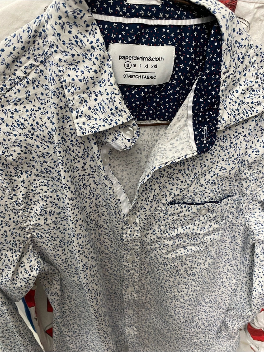 Paper Denim & Cloth White Shirt with Navy Micro Floral and Contrast Collar